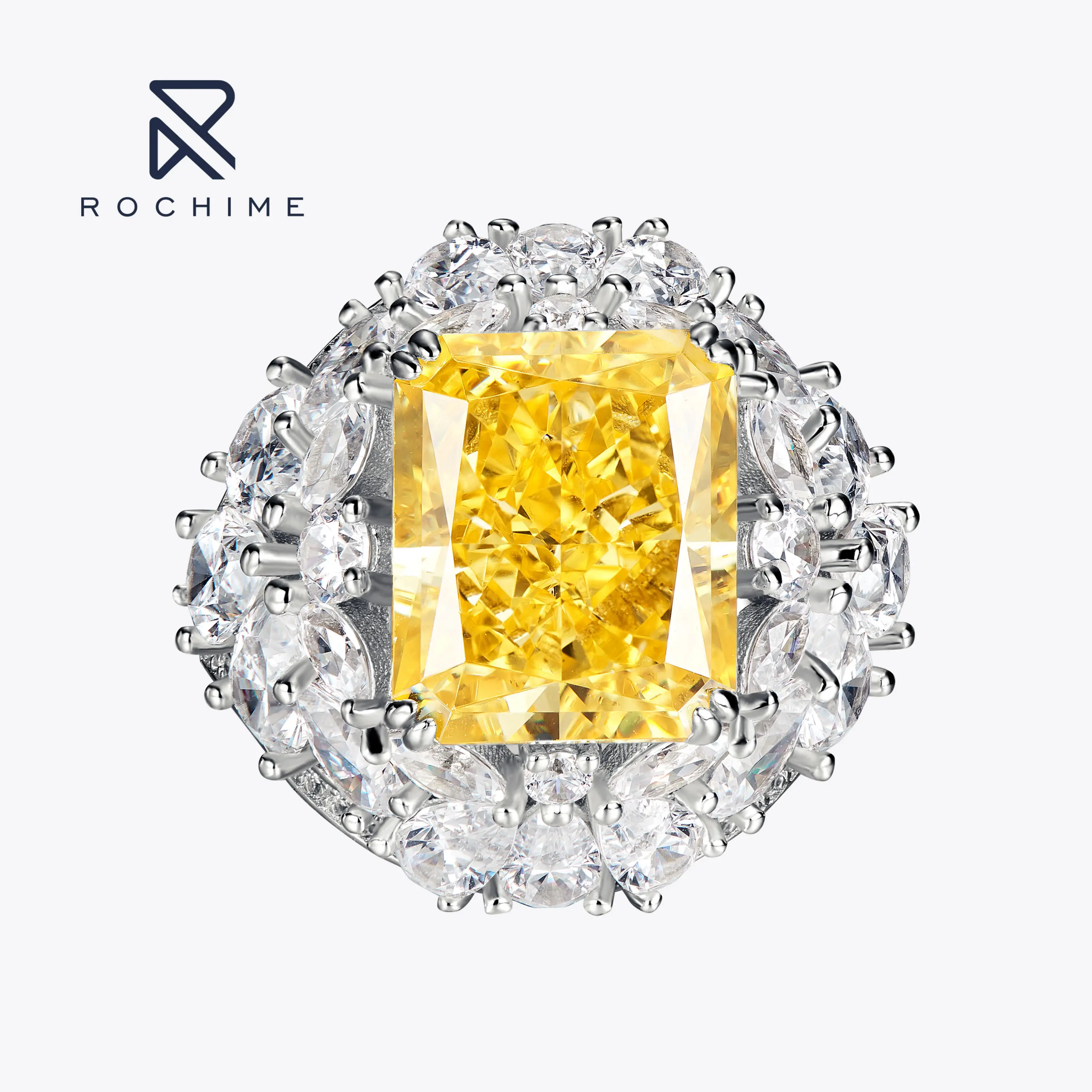 Rochime luxury  yellow gemstone cz diamond rings 925 sterling silver gold plated 5a zircon high quality fine jewelry trendy ring