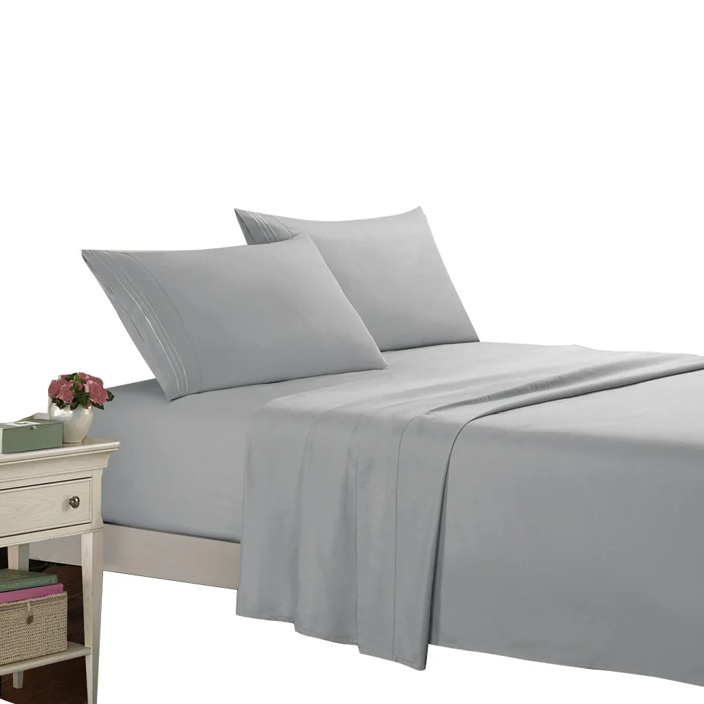 
Light Grey Solid Color Polyester Embroidered Brushed Microfiber Bedding Sheet Set Beautiful Bedsheets 