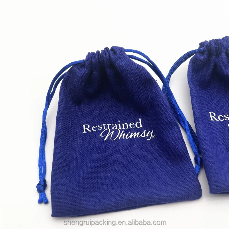 Silver Stamped Logo Soft Blue Cotton Linen Fashion Jewelry Pouch Reusable Linen Gift Packaging Bag For Metal Crafts