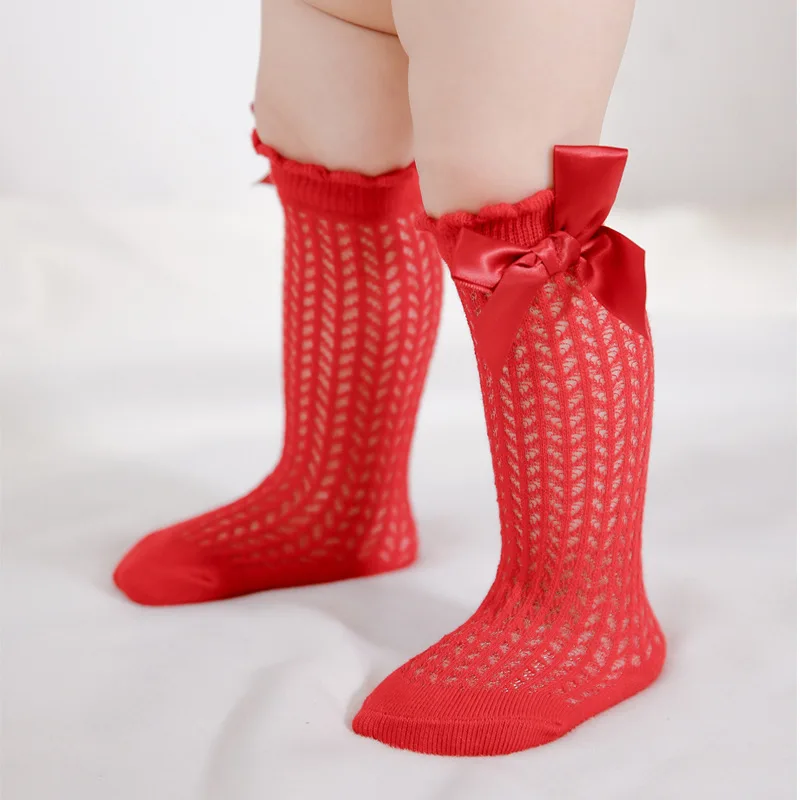 
2021 New Summer baby girls cotton knee high mesh bow socks toddler Newborn thin tube socks anti-mosquito Breathable 0-12/12-24M 