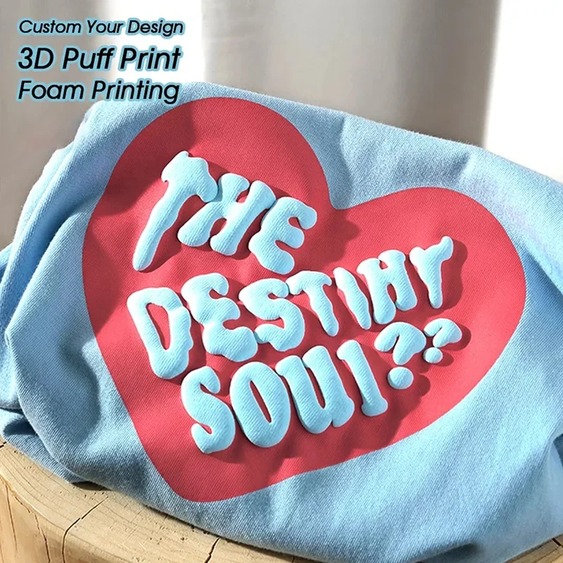 Qianshi Heavyweight 250 Gsm Heavy Cotton 100% T Shirt for Men Logo Tee Unisex Men Custom 3D Foam Puff Print Graphic T Shirt