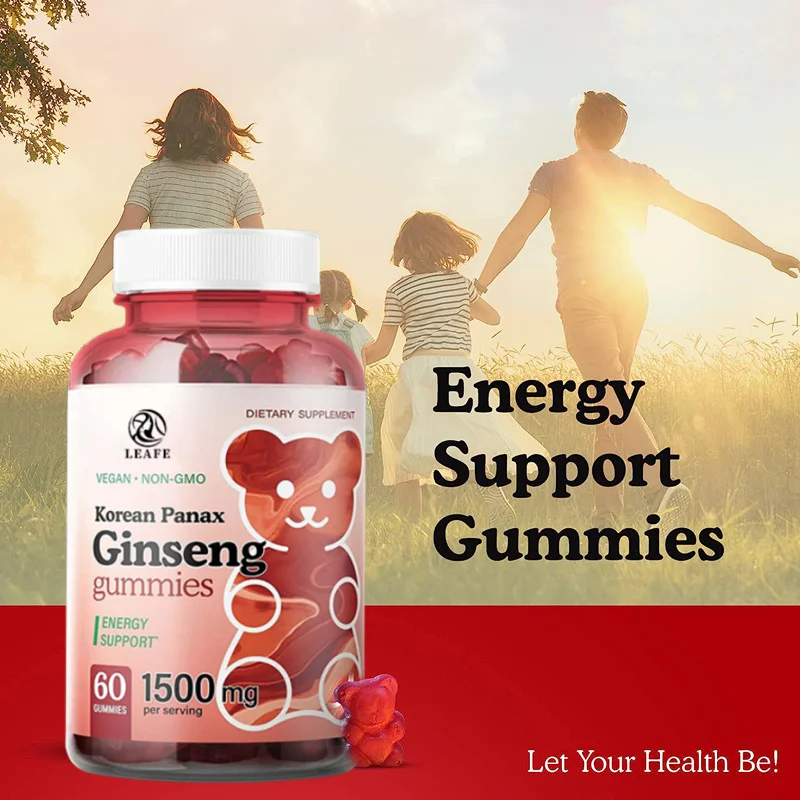 Halal Vegan Red Ginseng Gummies Energy & Brain Supplement Gummy Suger Free Stress Relief Ginseng Gummies Mental Focus Mood Boost