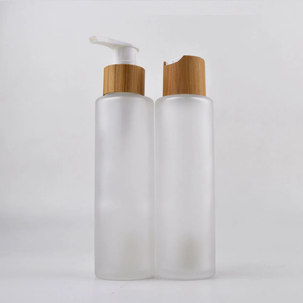 super March free sample 30ml 50ml 100ml 120ml 150ml clear frosted flat shoulder lotion pump glass oil bottle with bamboo cap
