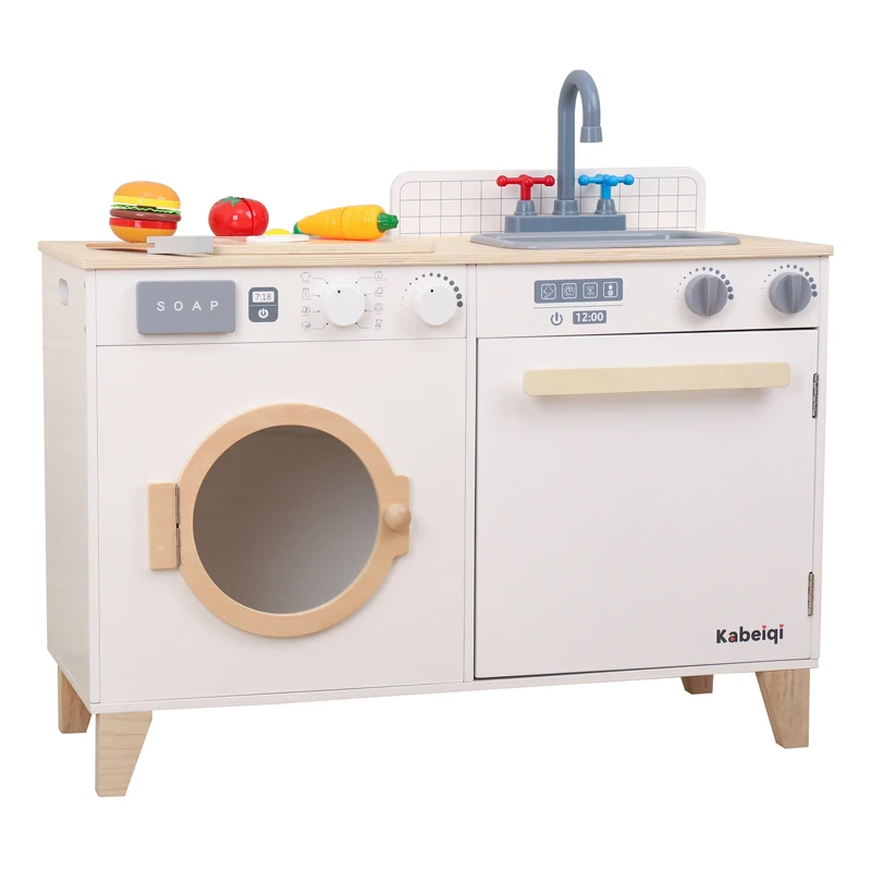 2022 new style children cookhouse toy white wooden oven refrigerator kitchen combination set toys