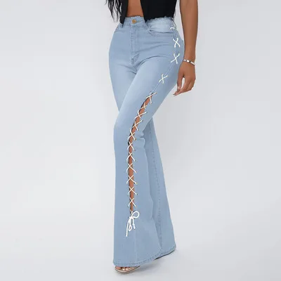 Drawstring Denim Jeans Women Ripped Hole Stretch Jean 2021 Sexy Slim High Waist Ladies Full Length Pencil Pants