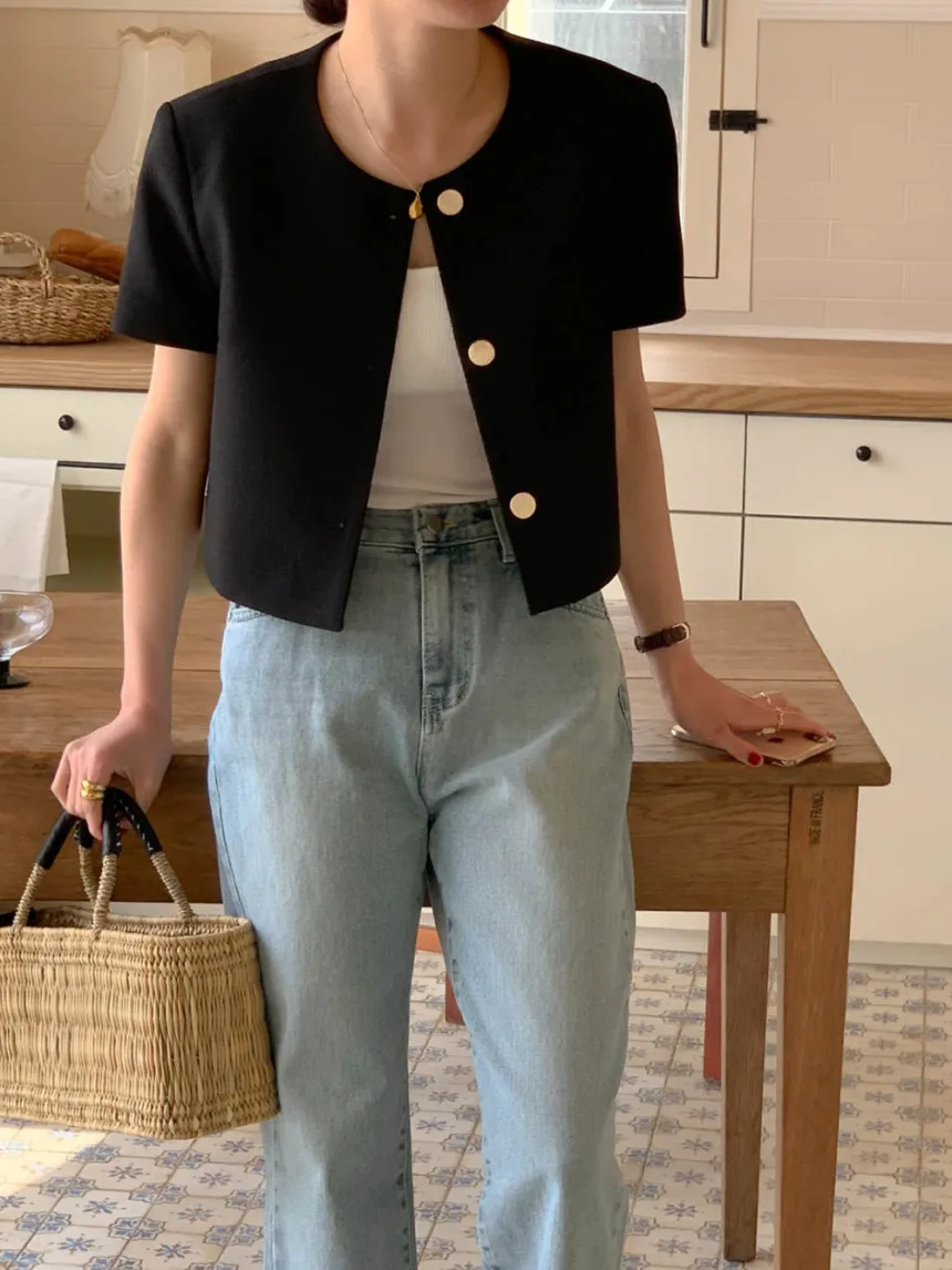 L080  New 2023 Korean Chic Solid Color Short Sleeve O Neck Elegant Short Sleeve Jacket Coat Clothing 5