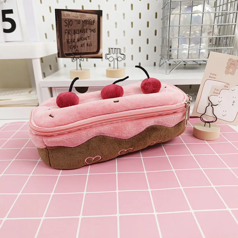Cute plush cherry cake pen bag Student stationery bag Girl makeup bag pencil case