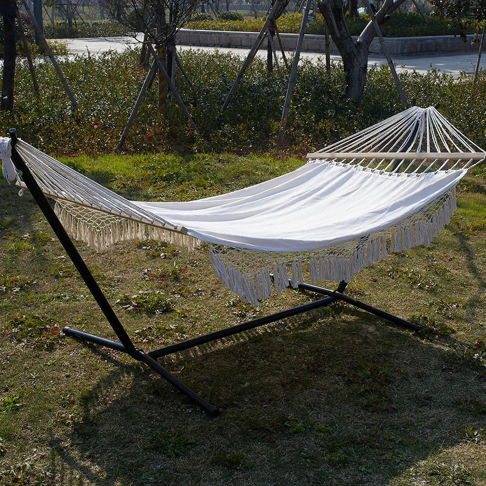 150*200CM Portable Camping Hammock With Wood Bar Outdoor Canvas Material Hammock  With 12ft steel stand