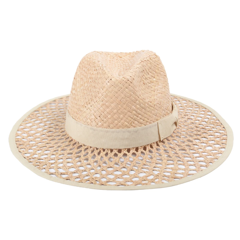 Wholesale Summer Women Beach Handmade Premium Superior Jazz Hat Quality Hollow Out Raffia Straw Panama Hat For Women