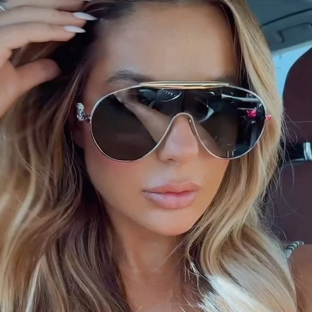 Vintage Luxury Brand Designer Oversized Pilot Women Men Sunglasses 2024 Metal Big Frame One Piece Shield Glasses Gradient Shades