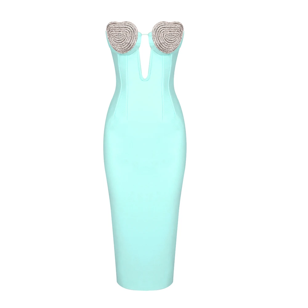 Women Elegant Handmade Crystal Beading Bandage Dress Party Strapless Midi Bodycon Dress