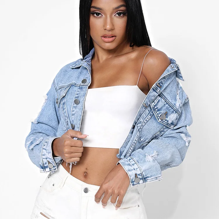Women vintage denim jacket worn distressed stain ripped frayed hem crop hole denim jackets for ladies