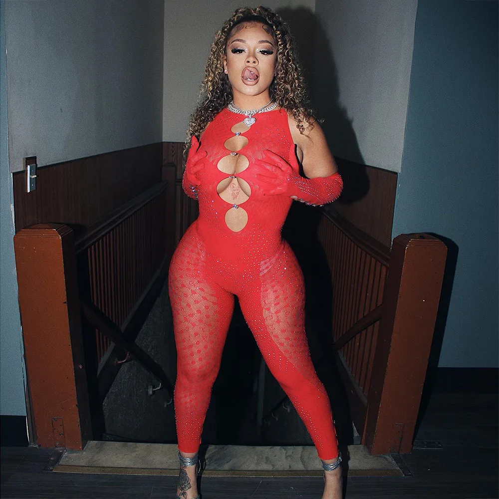 Wholesale new arrivals 2022 ladies o neck hollow out patchwork rhinestone flash mesh see through sexy jumpsuit