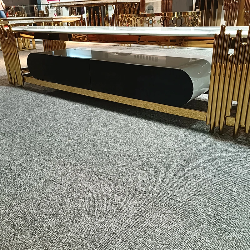 Custom royal art deco designs living room long white gold drawers marble tv cabinet modern luxury