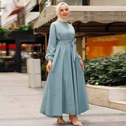 New fashion womens plus size casual elegant long sleeve loose tunic lace up muslim maxi  dress