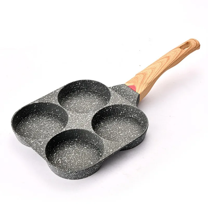 Nonstick Egg Steak Frying Pan With Lid,4 Section Aluminium Alloy Fried Egg Cooker With Wood Handle