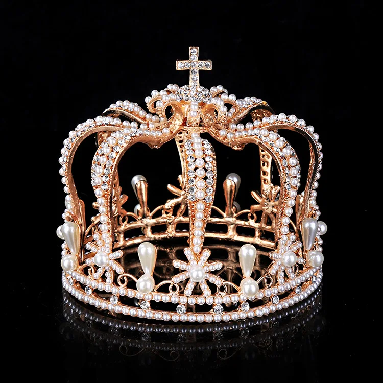 Beauty Queen Princess Birthday Crown Silver Gold Topper Tiaras Crowns Pearls Cross Design Cake Crown