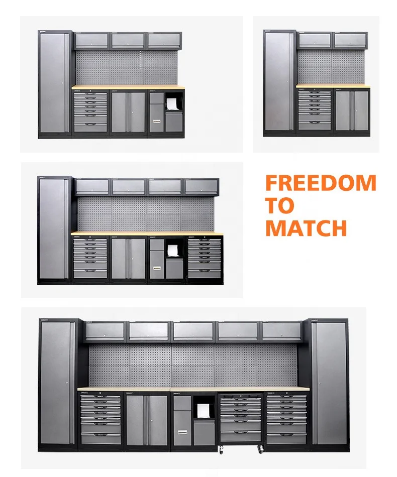 Car Repair Hand Tools Storage Cabinet Top Hanging Cabinets 2 Door Drawers Chest Work Station with Hooks and LED Lights