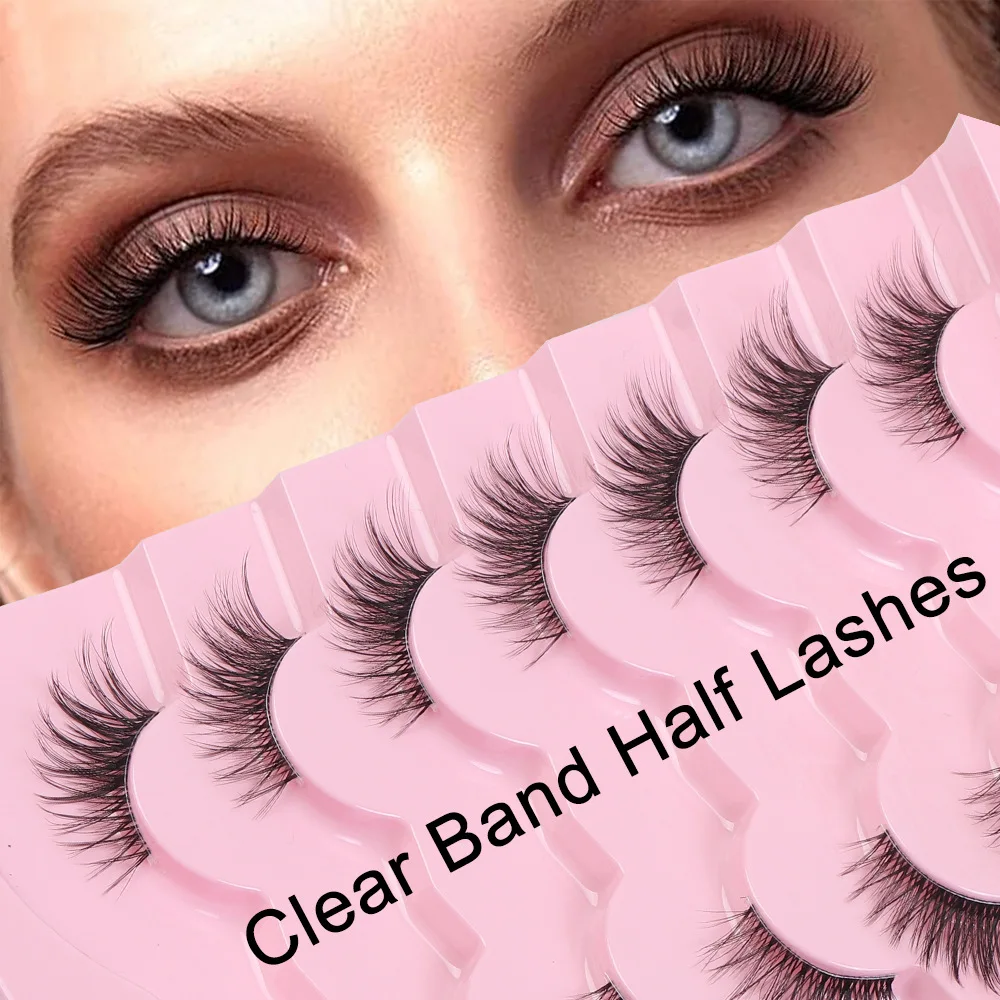 Europe 7 Pairs Half Lashes Cat Eye Clear Band Eye Tail Pull Long Natural Cross Half Eye False Eyelashes