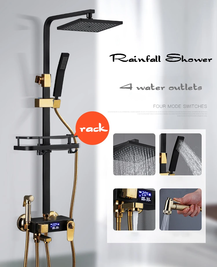 Holmine Multi Function Top Spray Wall Hanging Copper Rose Gold Shower Kit 4 Water Outlet Saving Rainfall Bathroom Shower Set