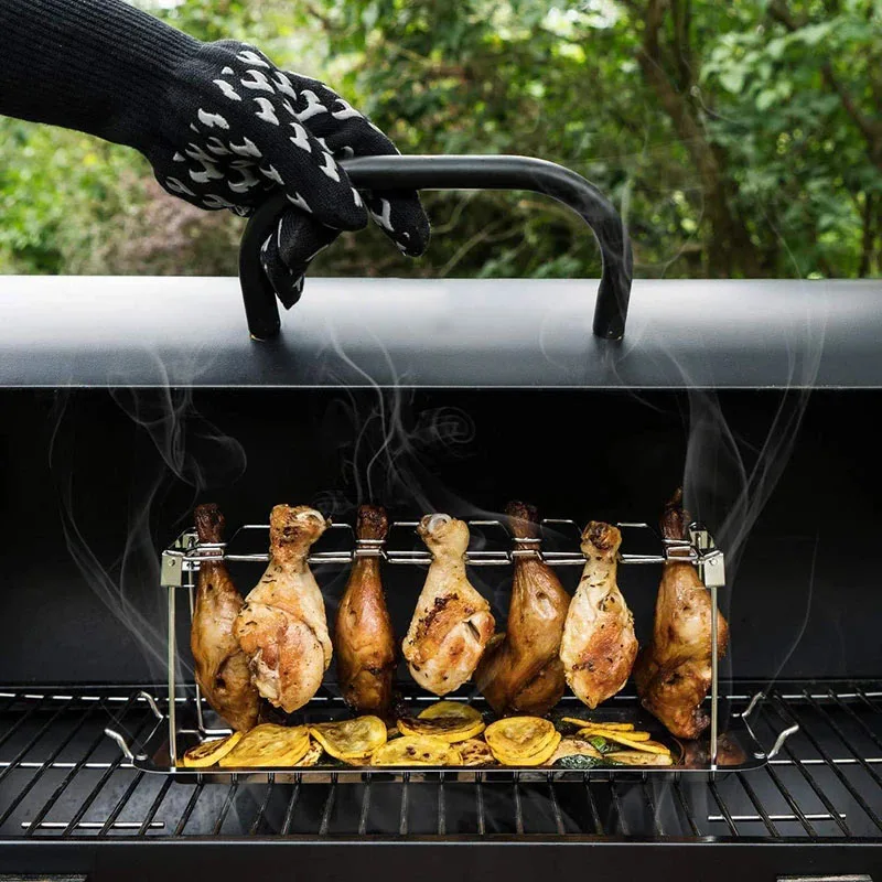 Stainless Steel Barbecue Multi-Purpose Drumsticks Smoker Roaster Stand with Drip Pan BBQ Chicken Leg Wing Grill Rack Slots