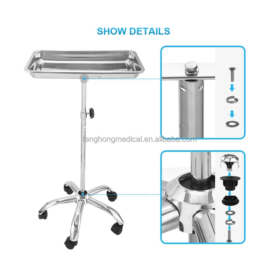 Height Adjustable Medical lifting Steel Mayo Trolley Instrument Stand with Removable Tray