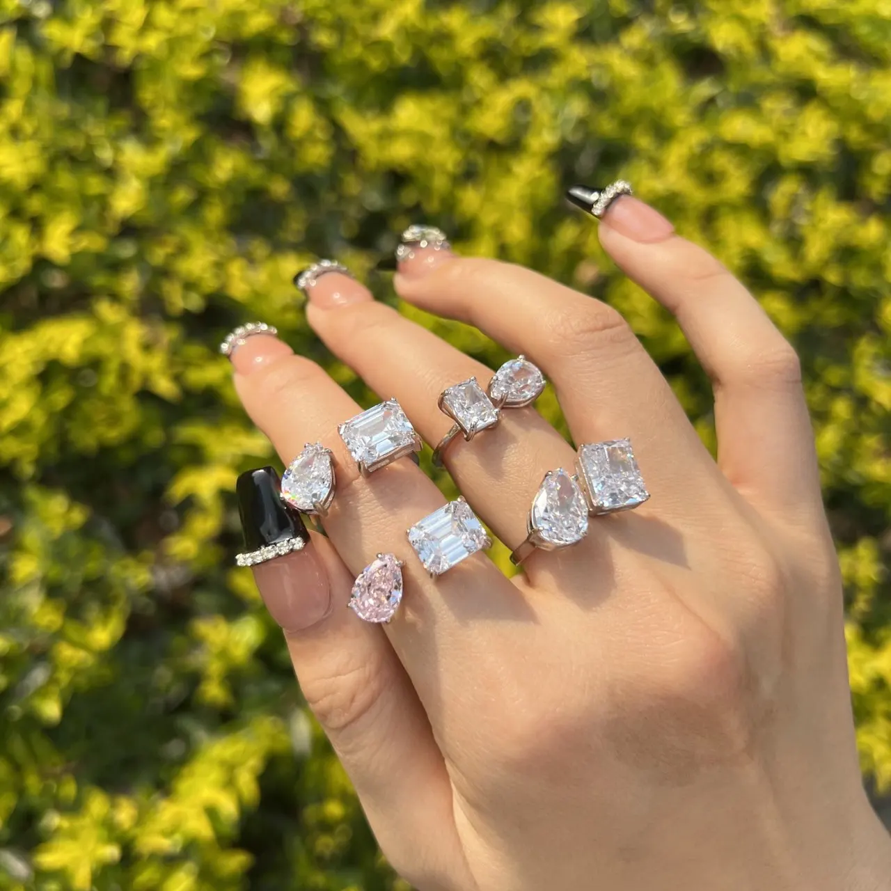 Dylam Ins Kyliejenner Same Style Hottest Heart Cut Adjustable Open Pear Cut Stones 8a Zircon You and Me Double Stone Ring Set