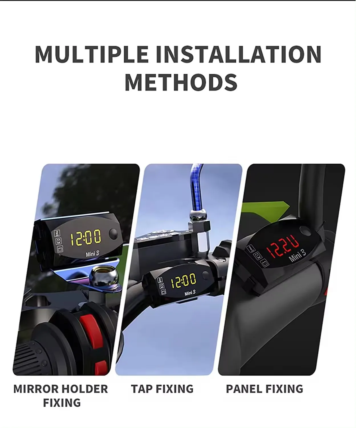 DC 6V-30V 3 In 1 Multifunction Digital Time Clock + Thermometer +Voltmeter LED Display Motorcycle Waterproof IP67 for Car Boat