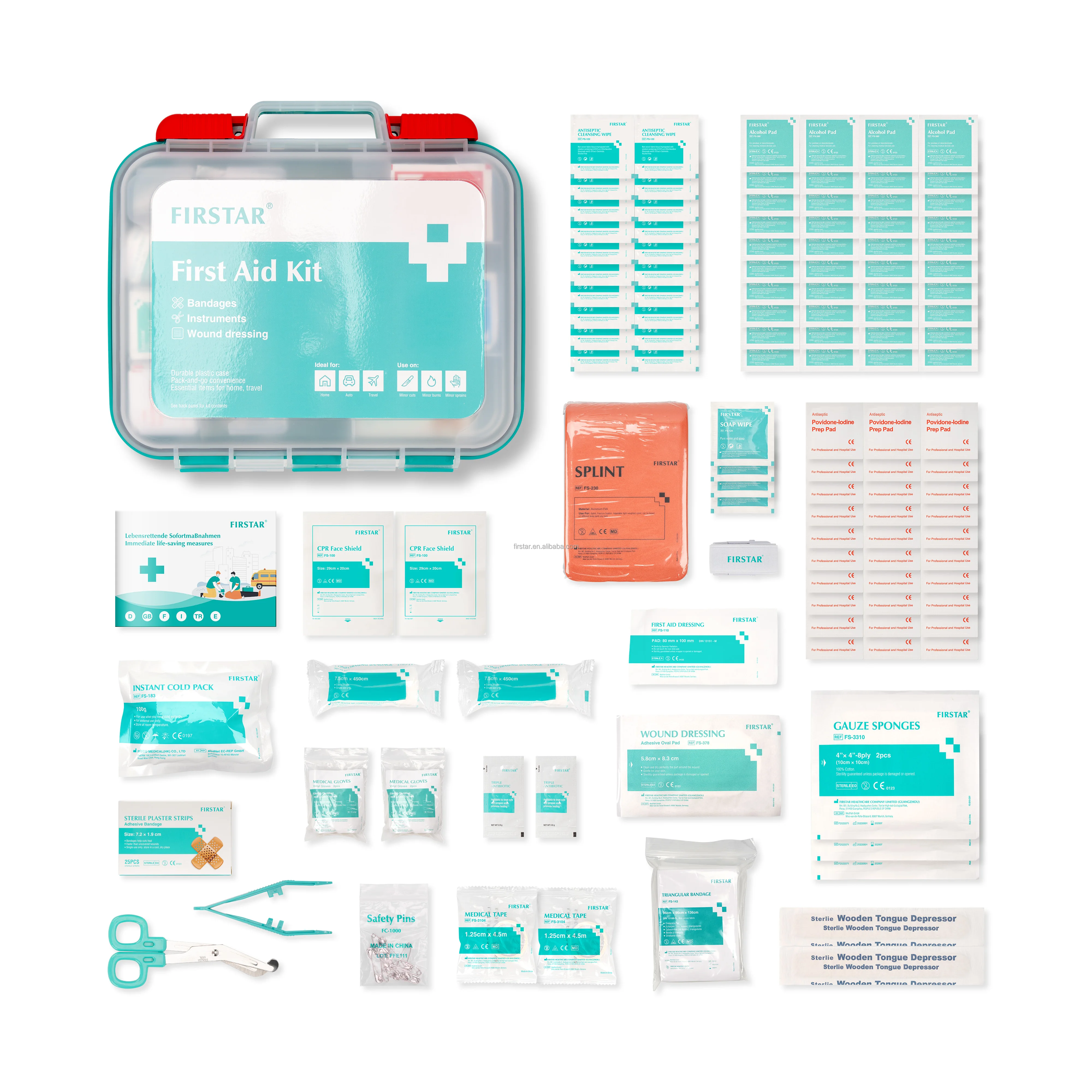 FIRSTAR Custom First Aid Kit Hard Red Case 154 Pieces Premium Medical Supplies for Travel Home Office Camping Workplace Outdoor