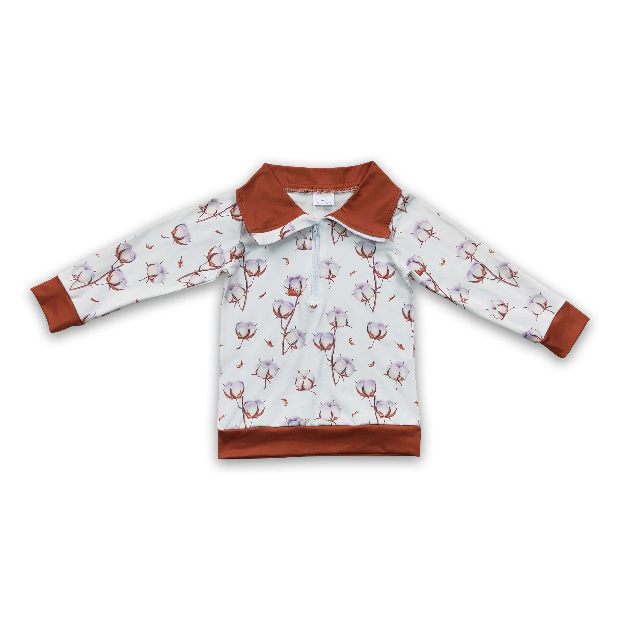 RTS Cotton Print Zipper Polo Collar White Long Sleeves Top Brown Cuffs Boys Boutique Fall Winter Clothing