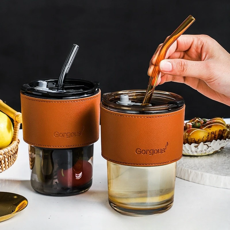 Md64 Promotion Clear Amber Glass Drinkware 450Ml Student Office Portable  Glass Coffee Cup Tea Mug With Straw