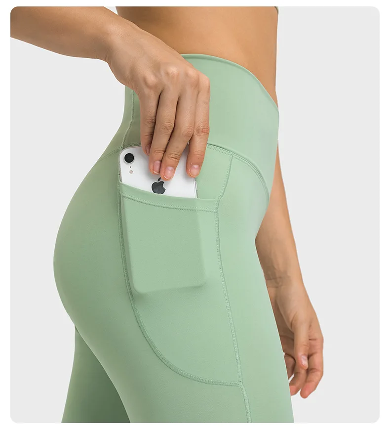 Popular High Waist V Cut Spandex Leggings Camel Toe Women Push Up Booty Brown Nude Leggings With Pocket V Front Yoga Pants