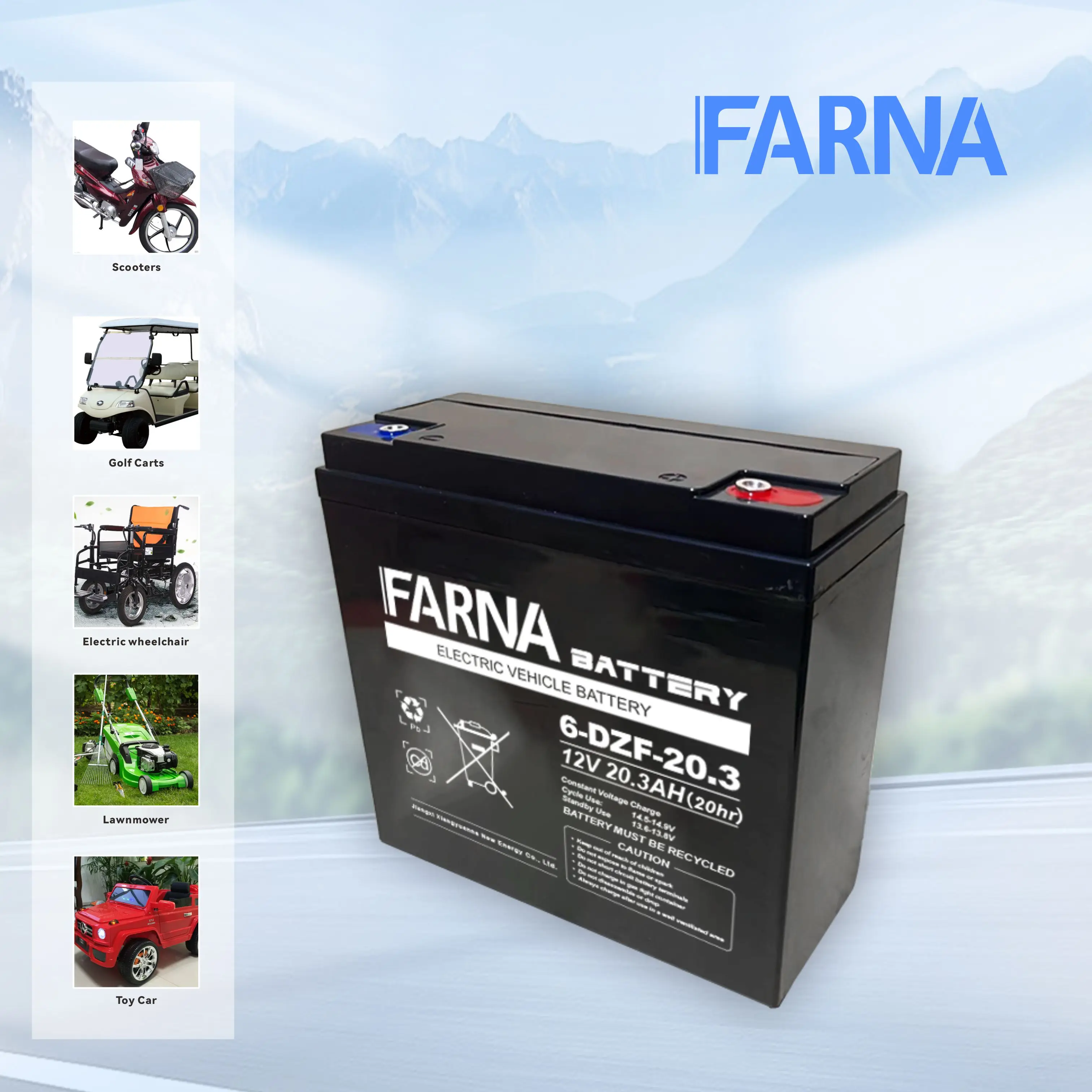 6-DMF-20.3 Sealed EV Battery for Electric Bicycles 12V 48V 60V 72V Lead Acid Maintenance Free Battery for Toys and Lighting