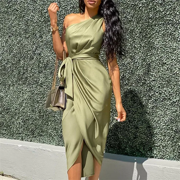 High quality sexy women satin green slim ladies dress One Shoulder Ruched Design Party Dress with belt