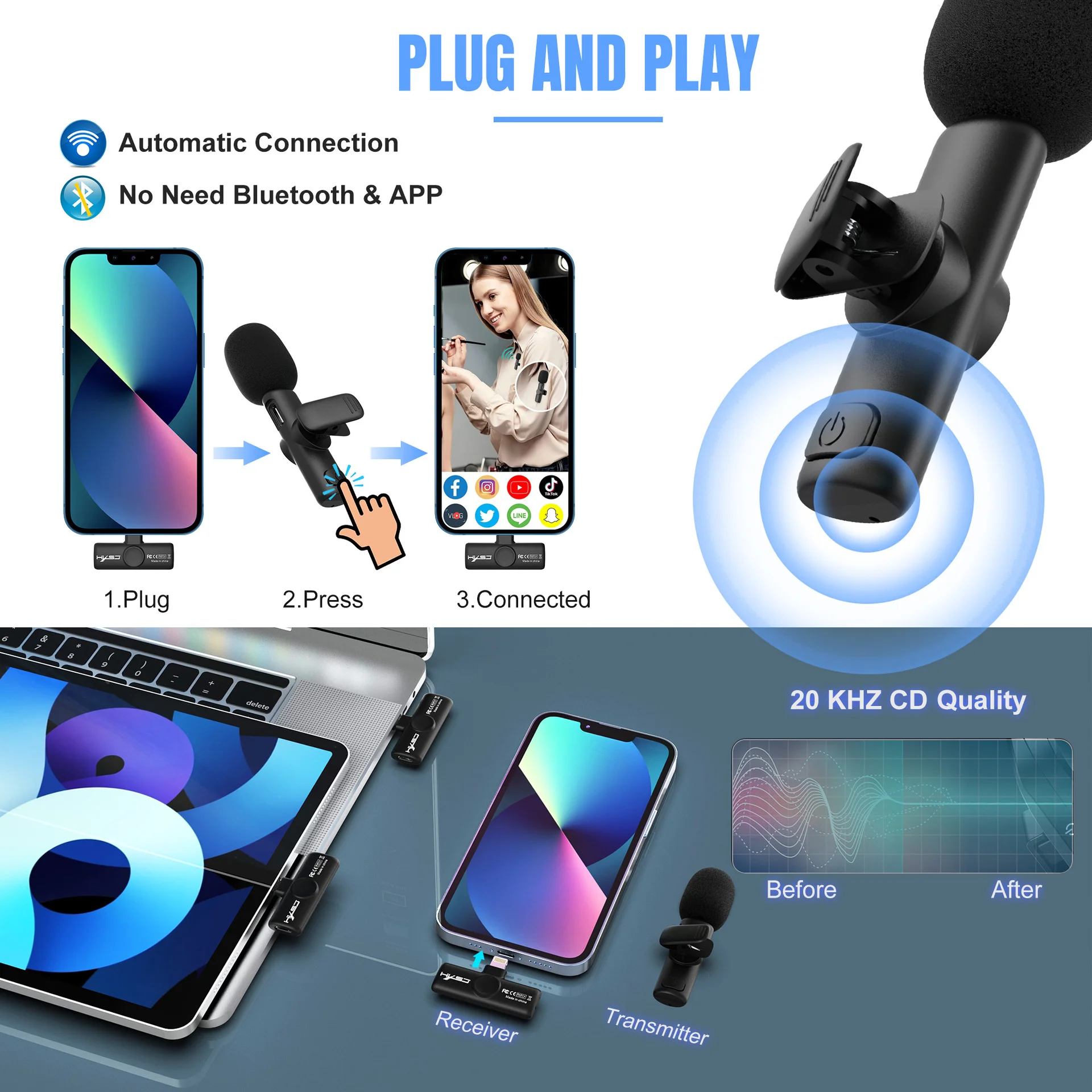 2.4G Wireless Microphone Noise Reduction Mini Mic Lavalier Microphones Use for Phones Live Gaming Vlog