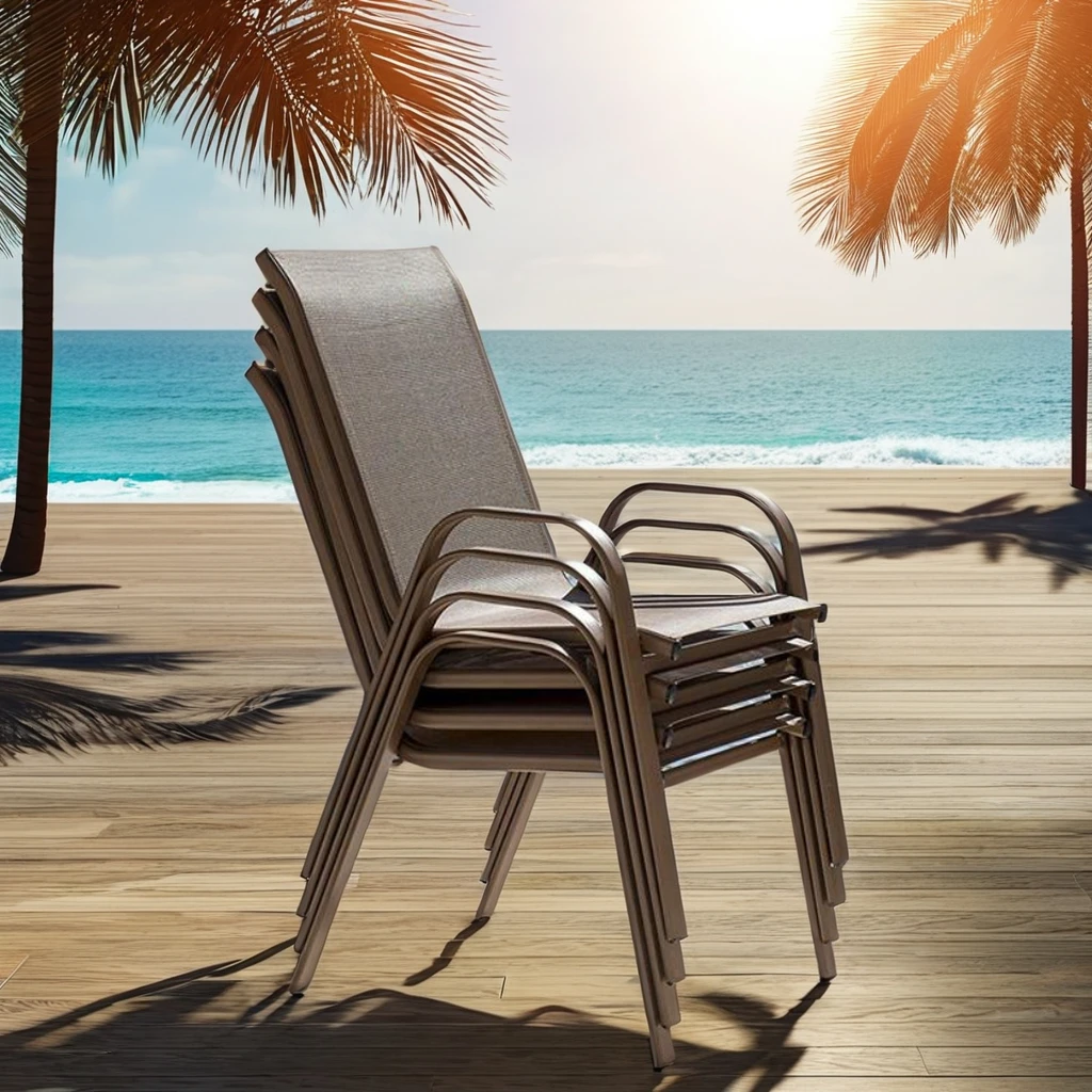 Modern 5-Pieces Outdoor Garden Patio Dining Set Stackable Metal Sling Armchair Glass Table Restaurant Furniture Powder Coated