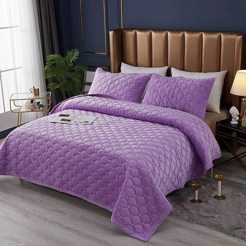Ruffled Crystal Velvet Reversible Bedspread Coverlet Anti-slip Blanket Comforter Bed Cover Set