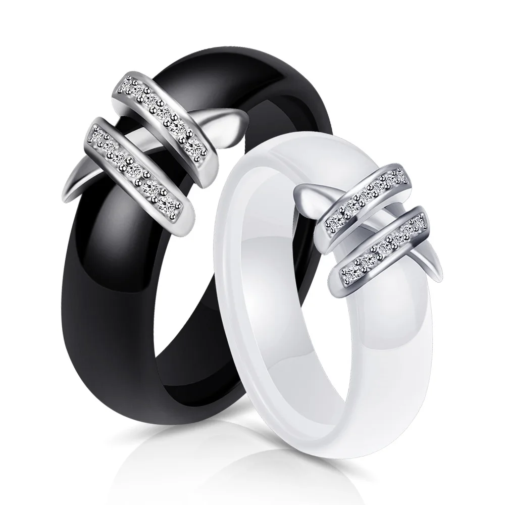 Energinox Double X Crystal Decor Simple Style Ceramic Women Wedding Set Couple Engagement Ring