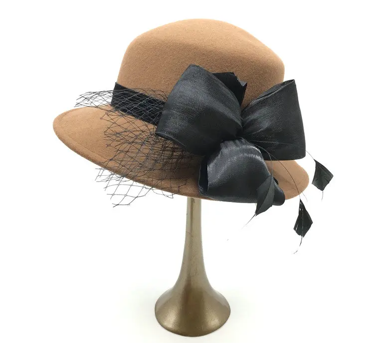 Newest Design Ladies Trendy Flat Brim Wedding 100% Wool Felt Church Hat With Flower Bow Women Girl Woolen Cloche Sun Hats