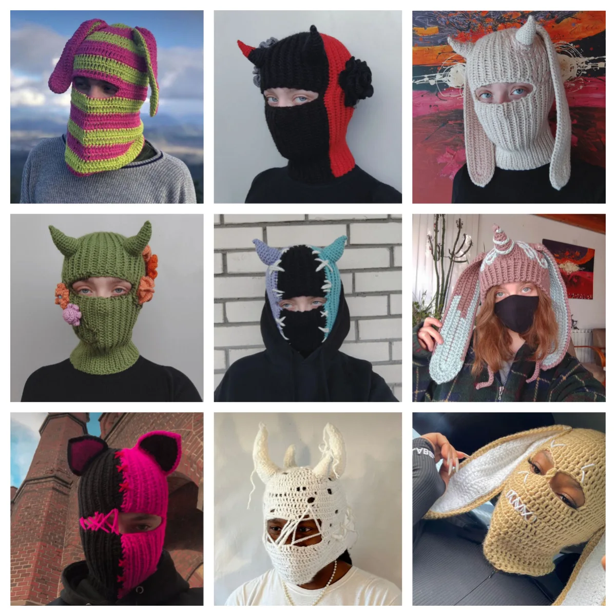 Hot Selling New Custom Winter Warm Halloween Funny Devil Horn Handmade Crochet Knitted Balaclava Hat Mask