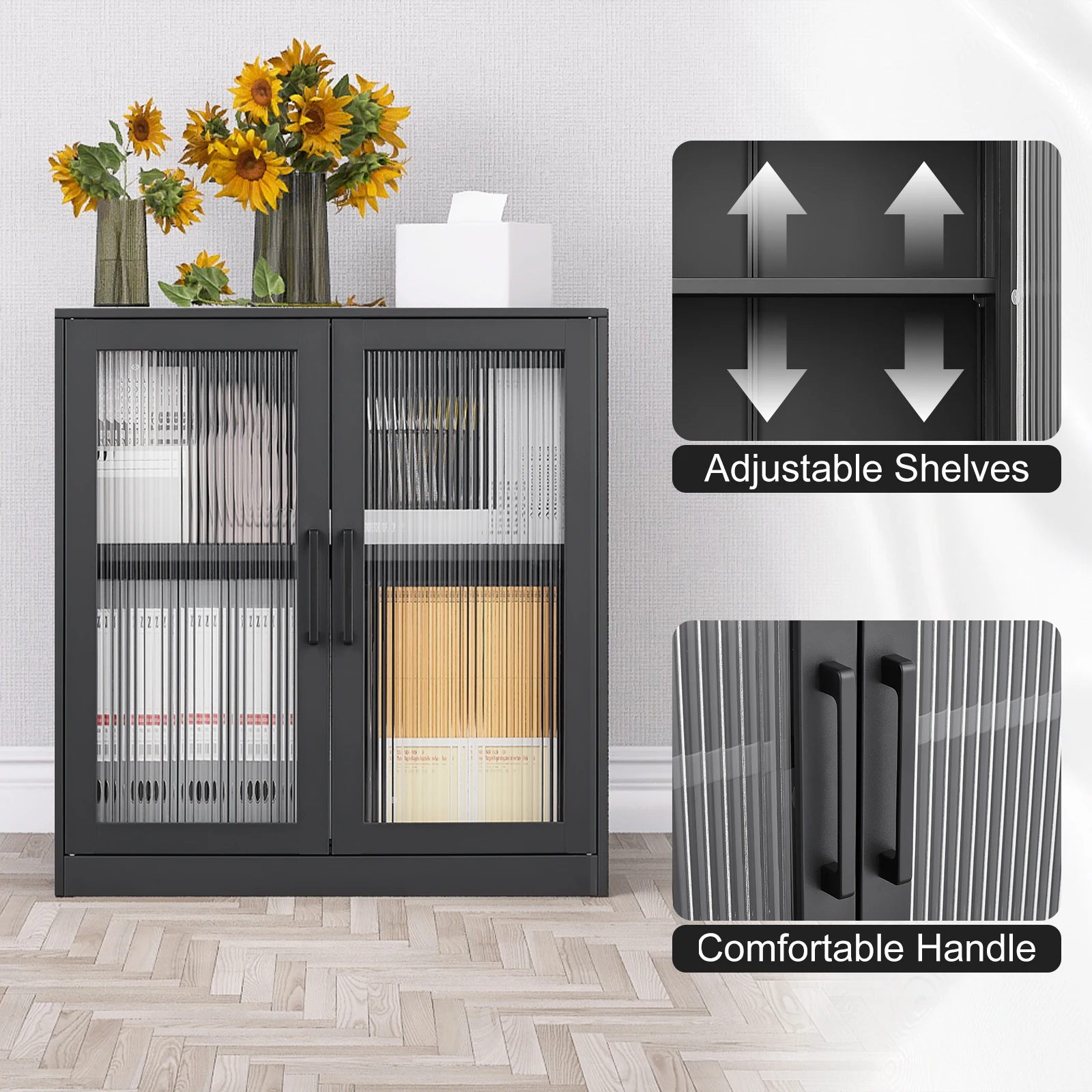 Metal Wall Cabinet Doors Wall Mounted Display Cabinet Shelf with Reeded Glass Steel Cabinet for Home Office Foldable Modern