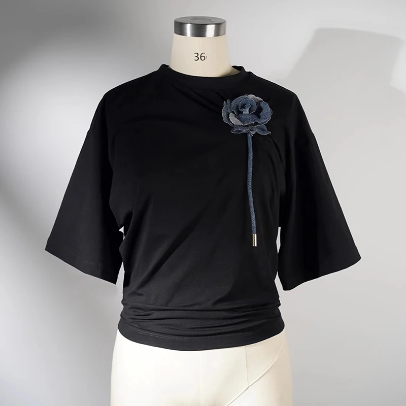 TWOTWINSTYLE Soild Patchwork Appliques T Shirts Short Sleeve Slimming Casual Short Tops For Women