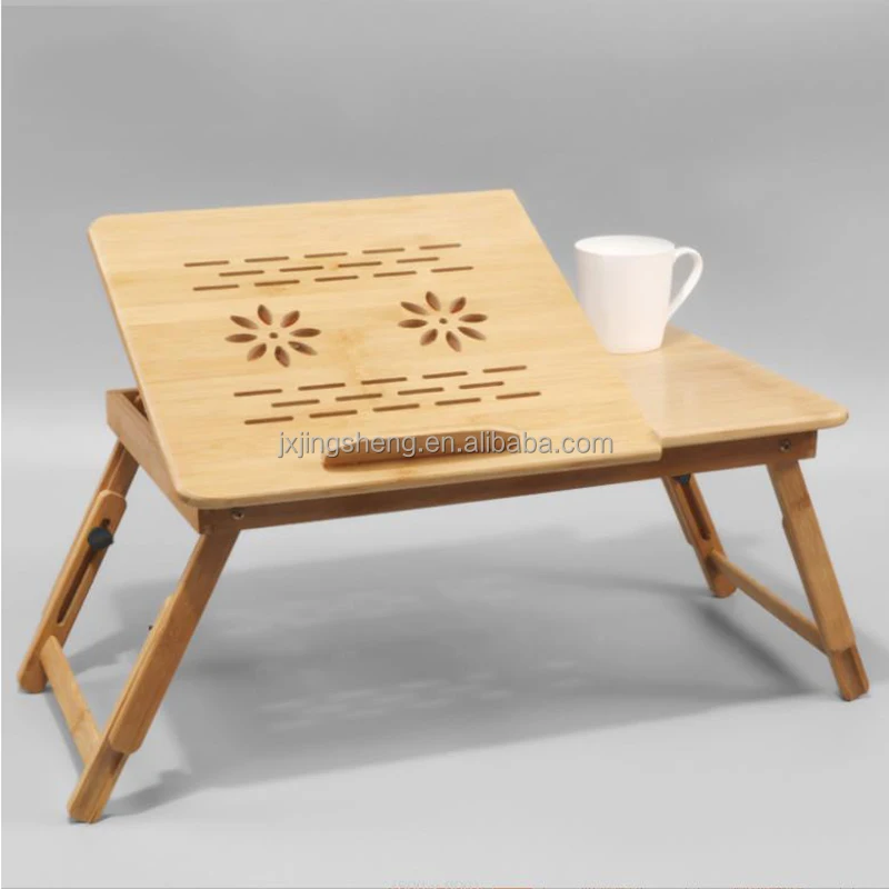 Folding Laptop Table with Fan Bamboo Portable Computer Desk for Bed Sofa Height Adjustable Laptop Stand
