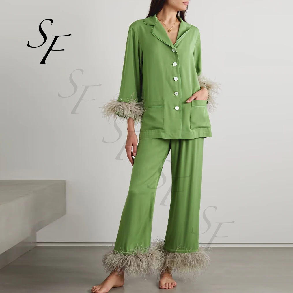 Custom 2 piece set long shirt and pants Pyjamas Set Cotton Ostrich Feather Sleepwear Women Pajamas