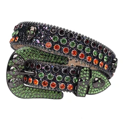 Cowboy&Cowgirl High-Key Colorful Bling Bling Skull Belt Rhinestone Belt With Green And Orange Diamond