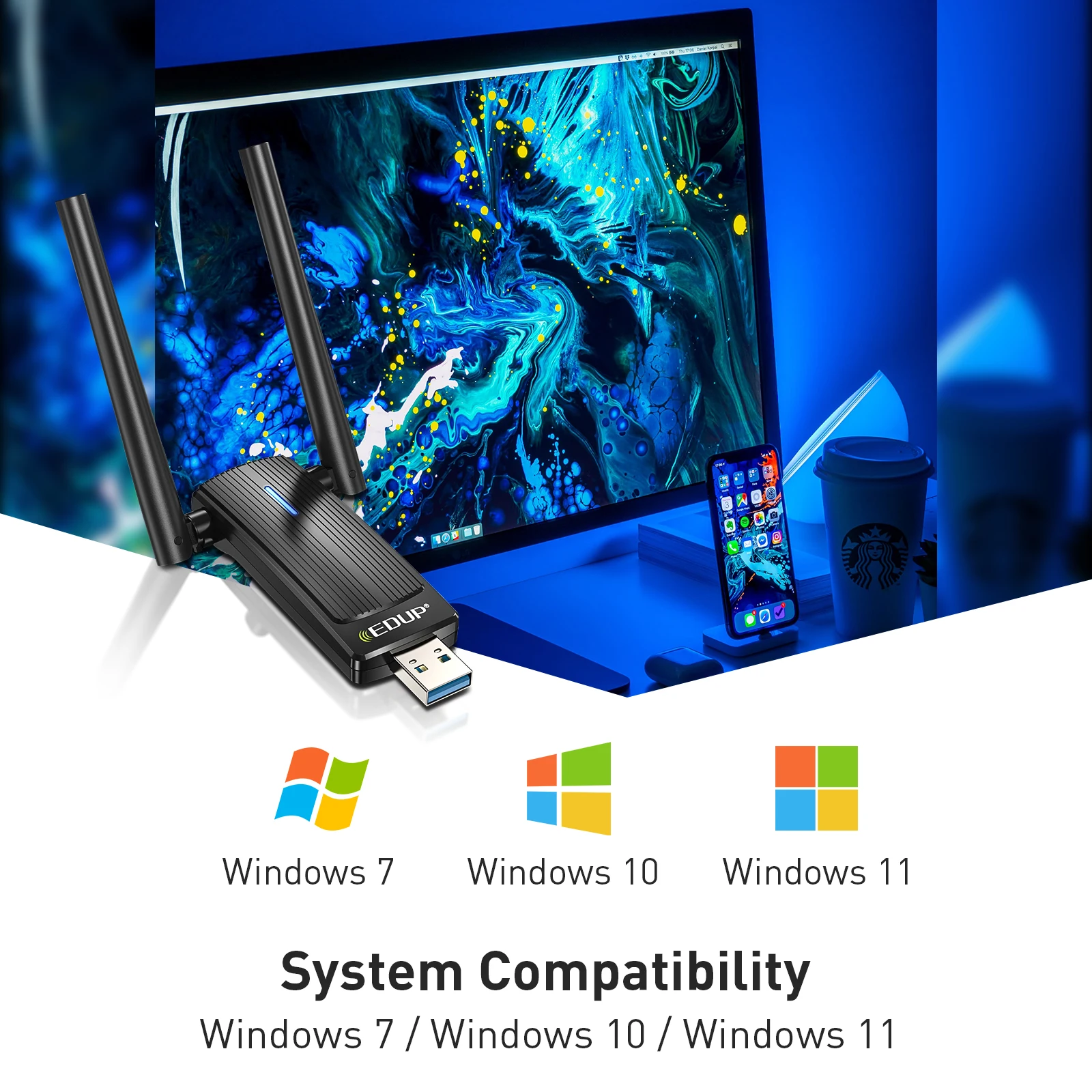 EDUP New Arrival 2.4Ghz/5Ghz USB 3.0 wifi dongle 1800Mbps Wifi6 usb wifi adapter for PC