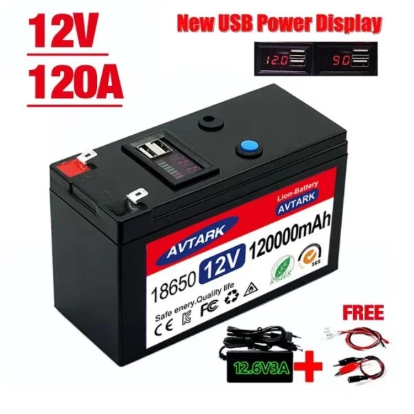 Portable 12V 120AH Rechargeable 18650 Battery Charger Digital Display USB Socket BMS Protection Board Solar 3C Home Appliances