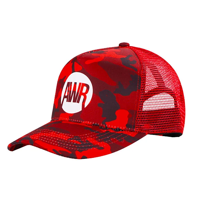 Street wear 5 panel red mesh cap designer trucker cap logo custom screen print cotton camo trucker hats