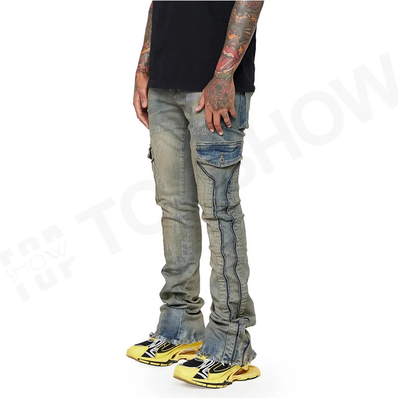 Manufacturer Vintage Washed Denim Pants Men Wholesale Custom Brand Logo Zipper Stacked Jeans Raw Hem Slim Fit Cargo Jeans Flare