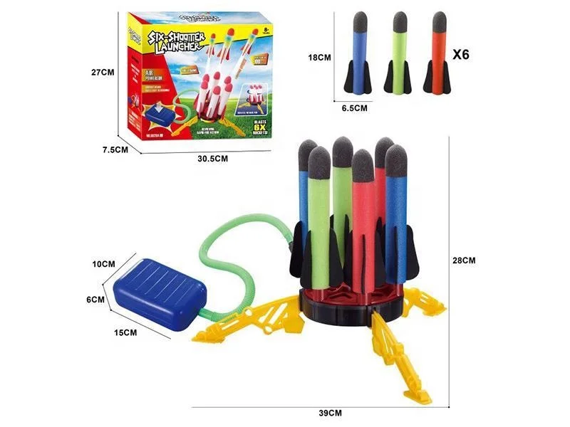 Six Shooter Foot Pedal Air Pressure Foam Toy Rocket Launcher for Kids